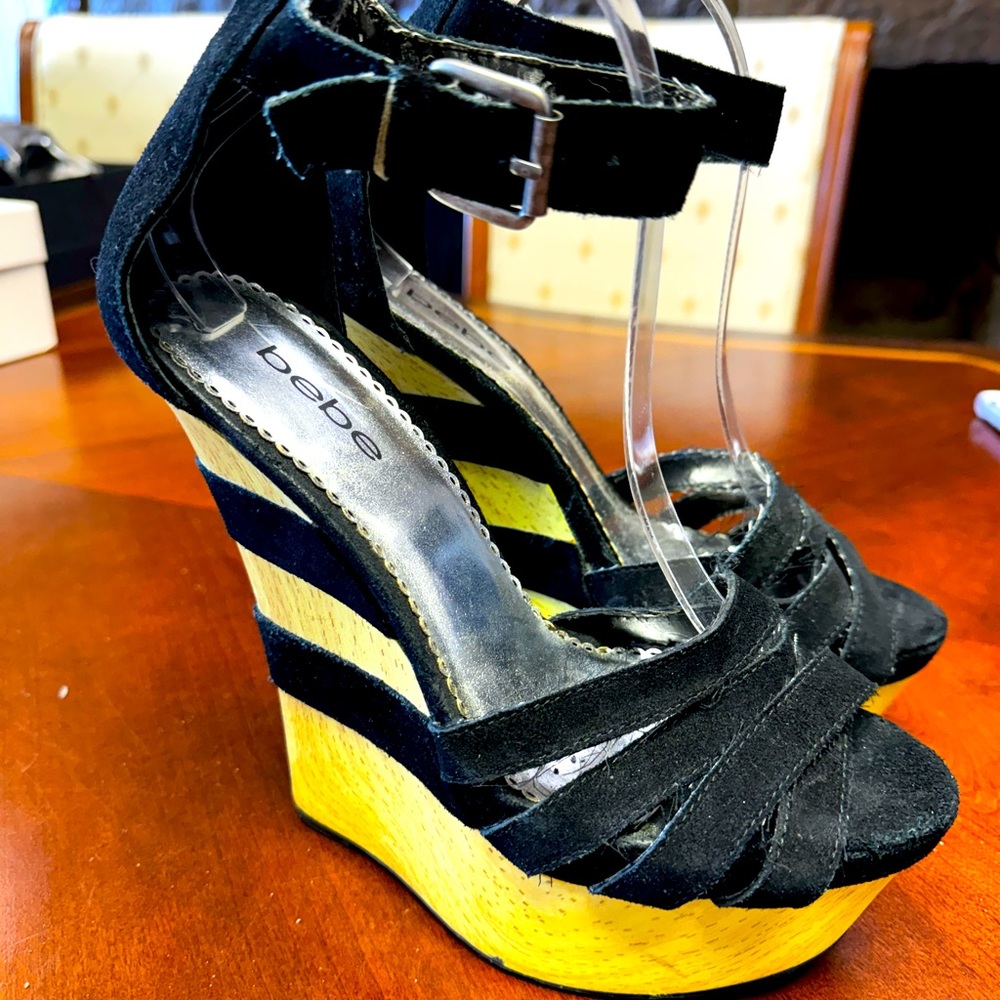 Bebe Suede Wood Wedge Sandals US 8.5